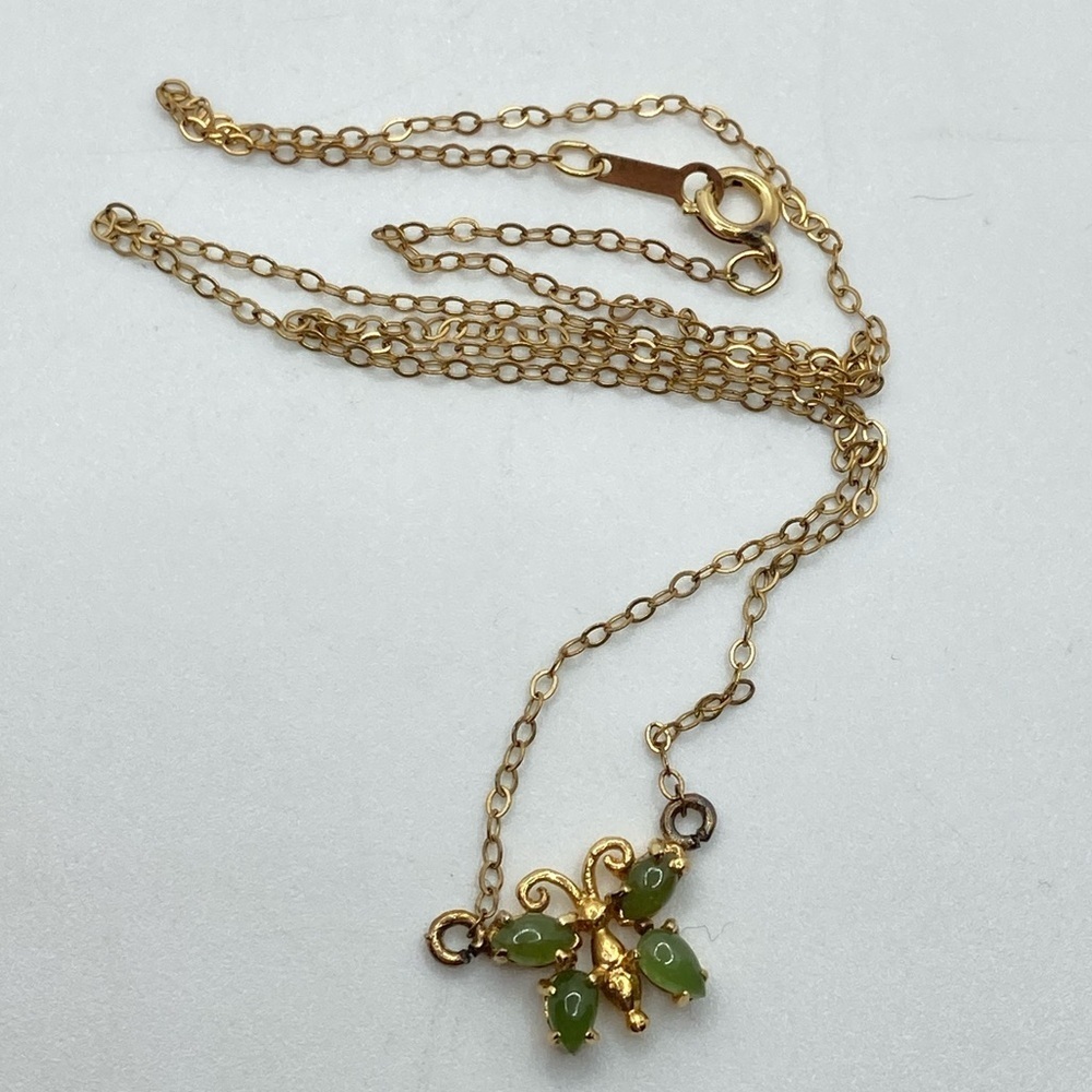 Vtg ECCO Jade Butterfly Pendant Chain Gold Filled 18”